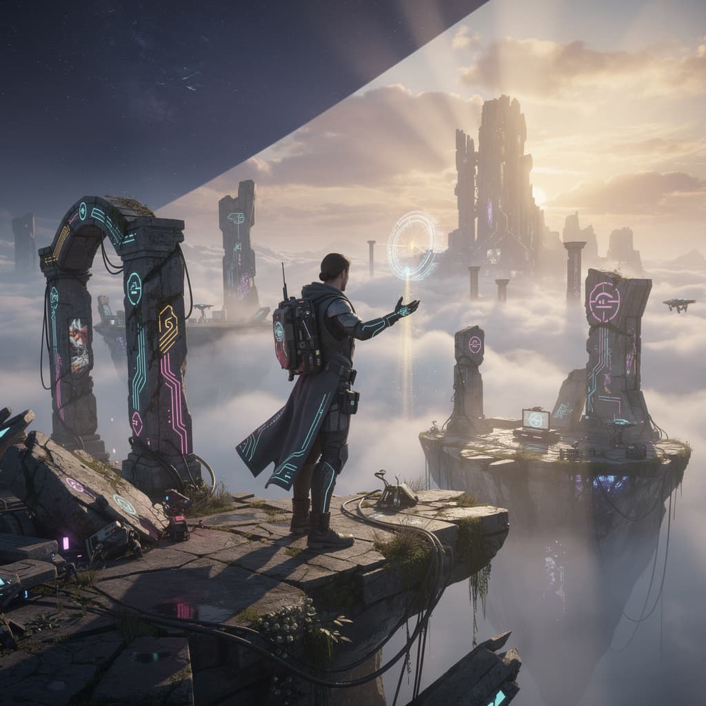 AI generated: A lone futuristic traveler standing on the edge of a floating island above glowing clouds, holding a...