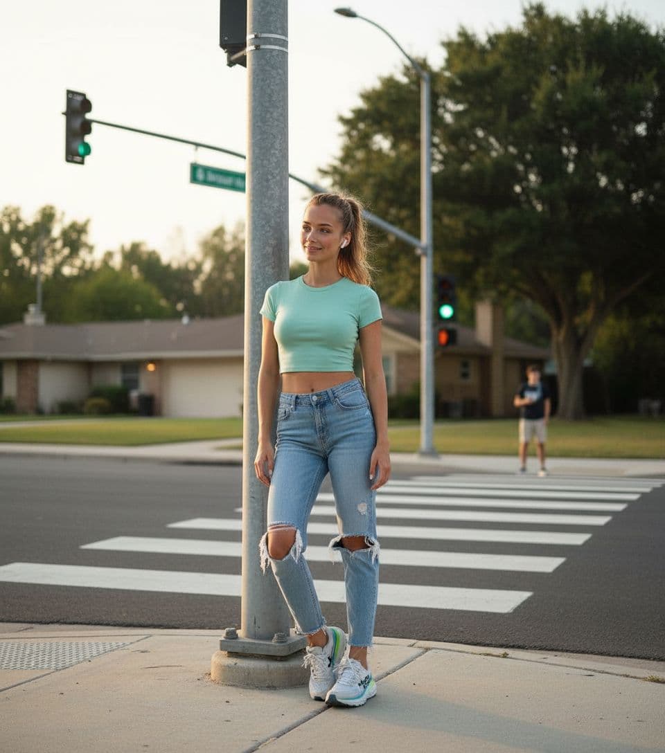 AI generated: 22 year old 5 foot 7 spanish girl, standing on the corner of a suburb waiting to cross at the crossw...