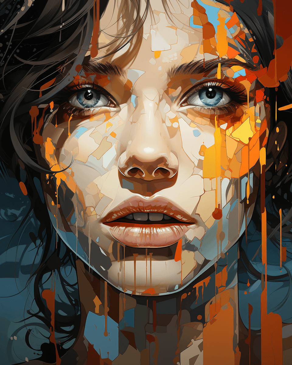 AI generated: an painting on the canvas of a woman in colorful tones, in the style of martin ansin, cracked, seren...