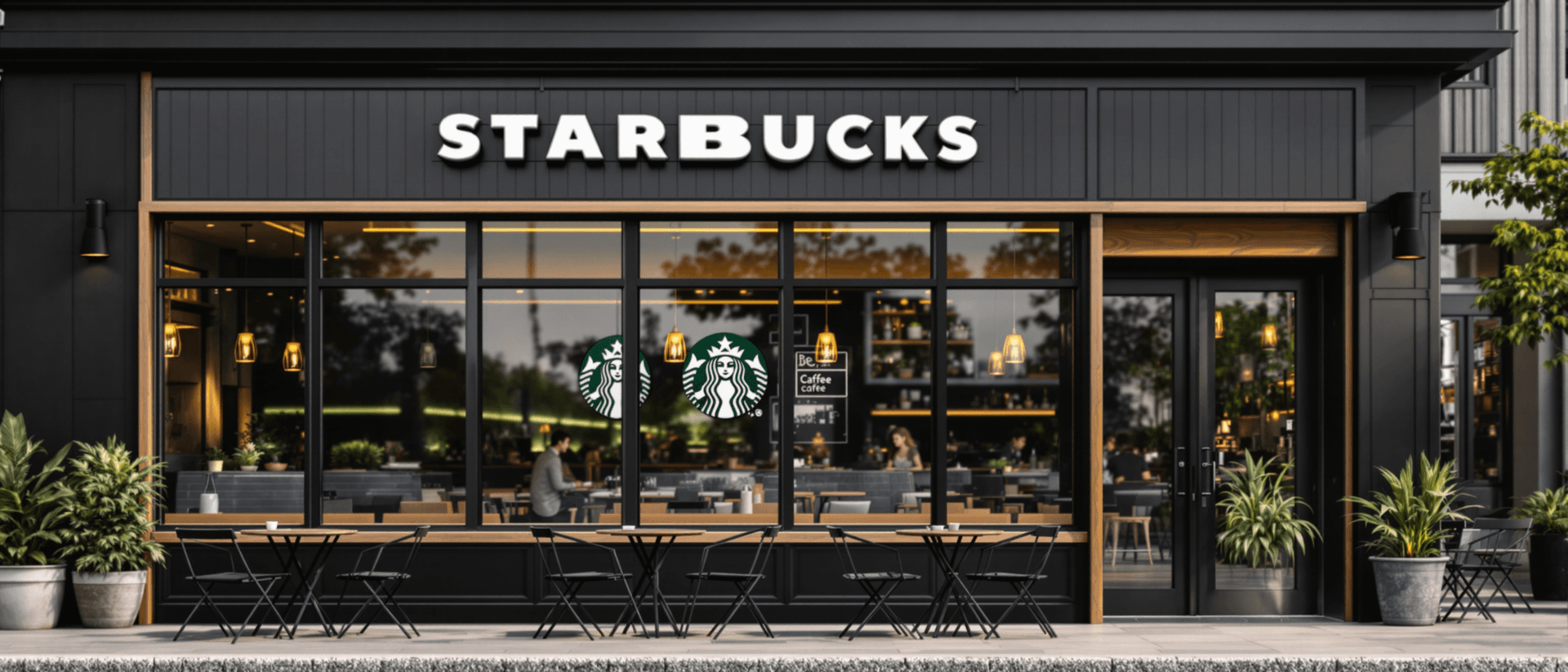 AI generated: "STARBUCKS" depht of field, the facade of the cafe is black . with large windows and wood trim . rea...