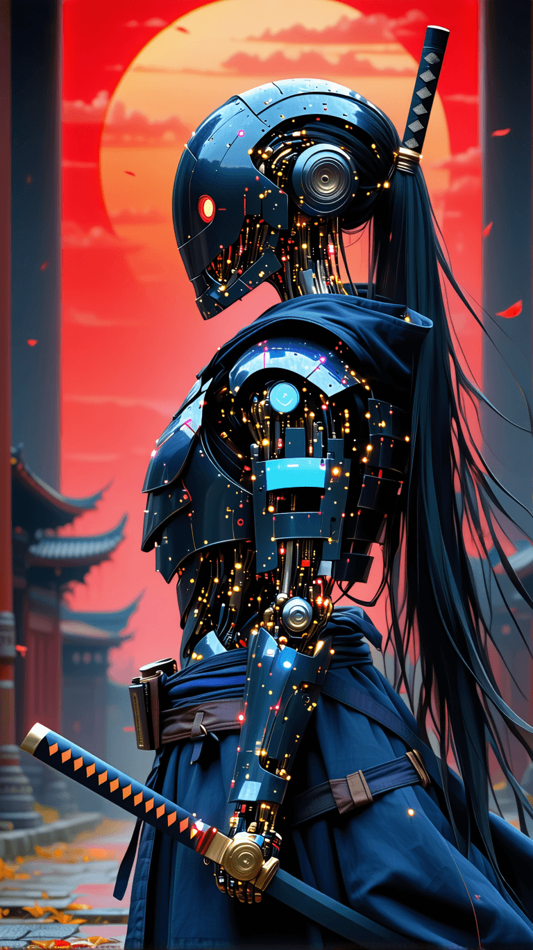 AI generated: in the style of ck-sfc, female cyberpunk robot samurai, robot face with mirrored face shield, hyperd...