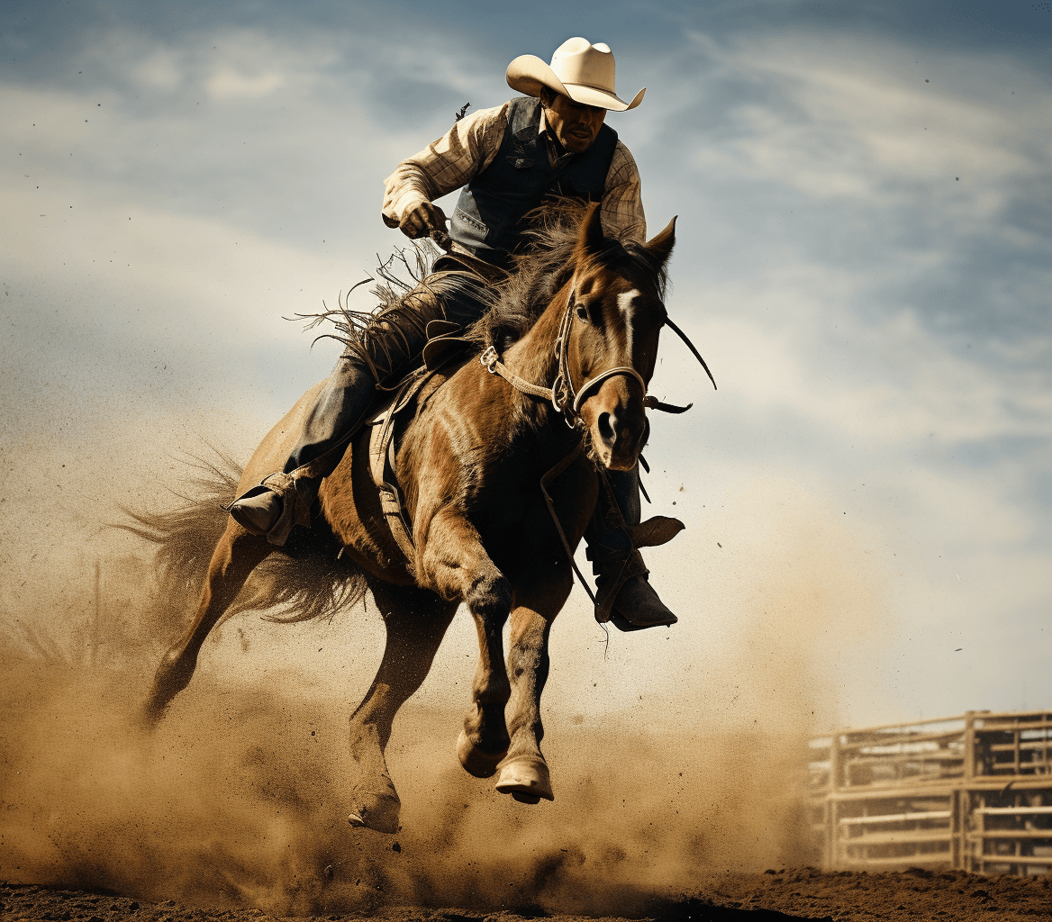 AI generated: an amateur cowboy riding a bucking horse at a rodeo, in the style of photo taken with provia, functi...