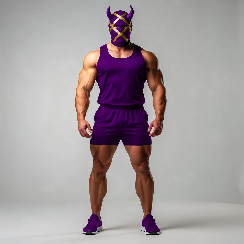 AI generated: A big muscular man wearing royal purple short shorts with a royal purple tank top plus a royal purpl...
