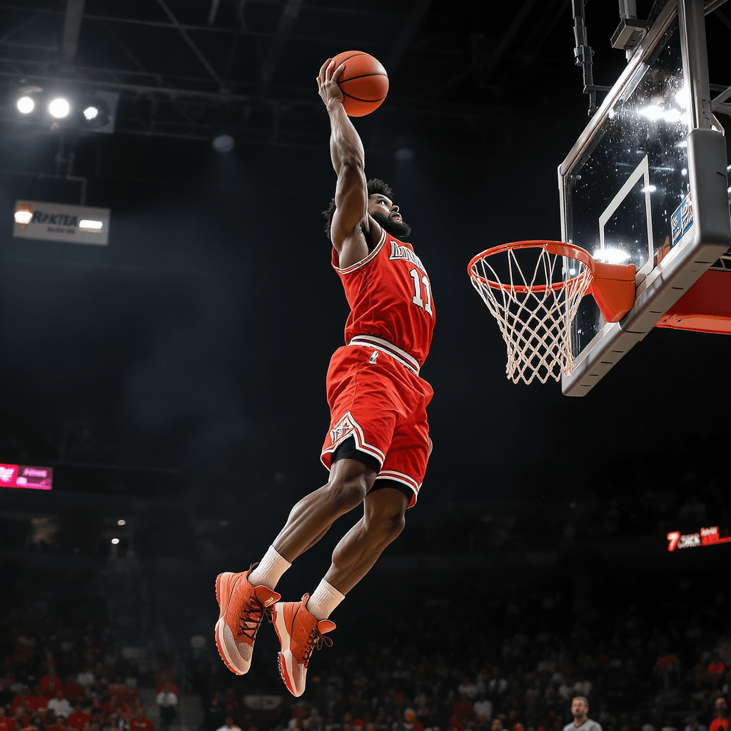 AI generated: Basketball player that is built like an NFL Linebacker and wears burnt orange lowtops. Show him shoo...