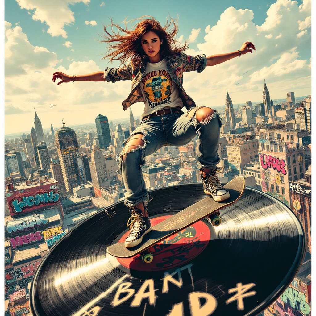 AI generated: 10. A dynamic, full-body action shot of a woman skateboarding on a giant, floating vinyl record abov...