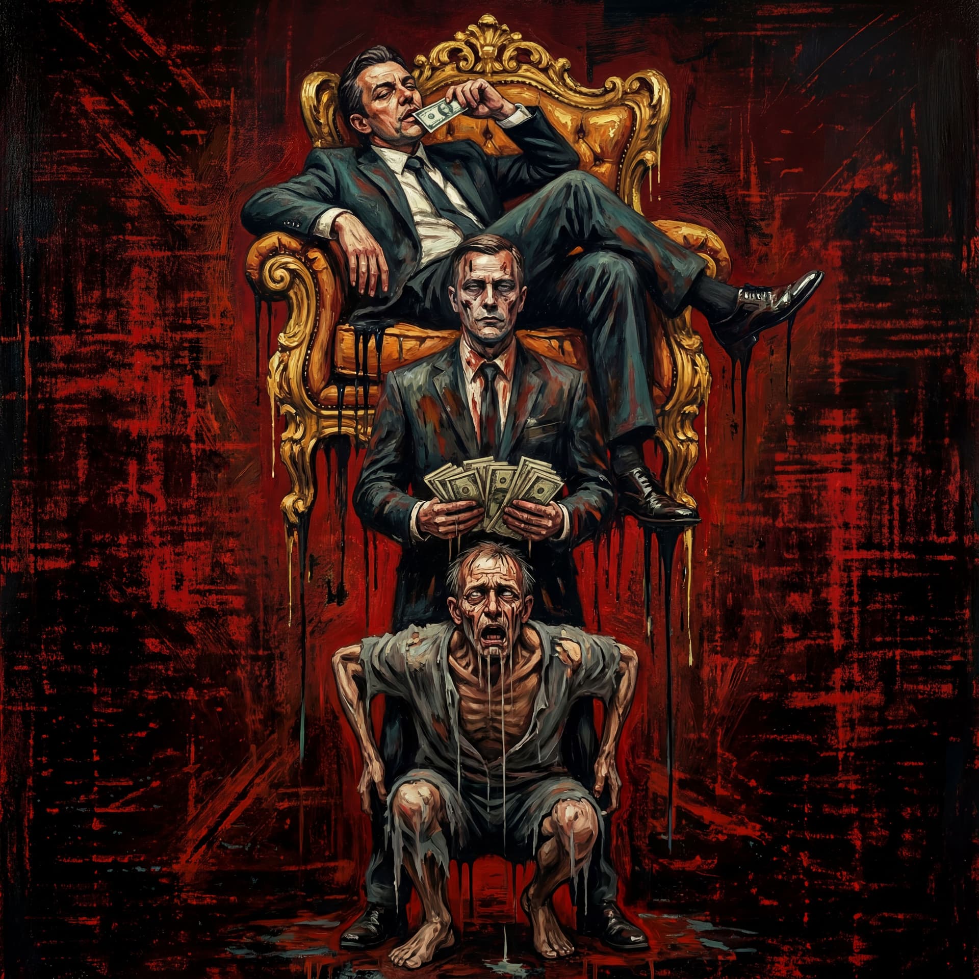 AI generated: A dark, raw expressionist painting depicting a brutal social hierarchy.

At the very bottom sits a s...