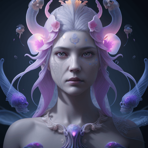 AI generated:  NFC MARKETING' SCREEN, DIGITAL, 
Goddess close-up portrait ribcagel. jellyfish phoenix head, nautil...