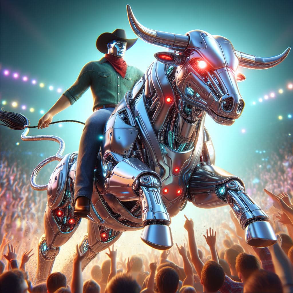 AI generated: Cowboy, rodeo, robotic bull