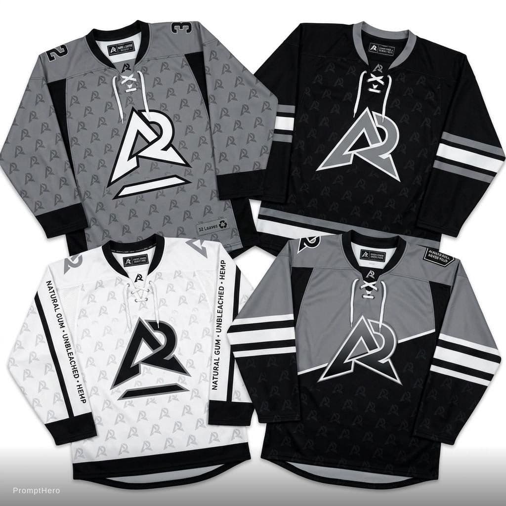 AI generated: Design 4 different hocky jerseys utilizing the black pattern. All the holographic print should be re...