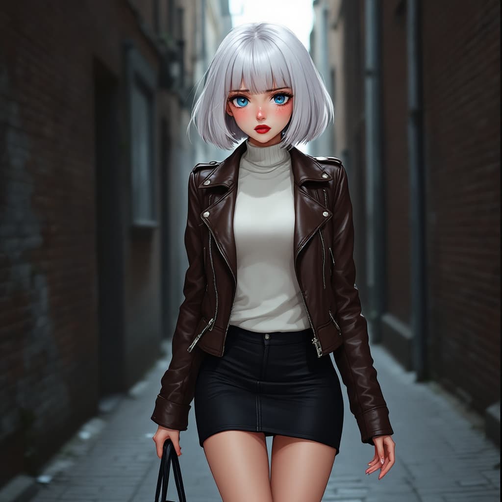 AI generated: anime, woman, white hair, bob cut, straight bangs, blue eyes, freckles, red lips, white sweater, tig...