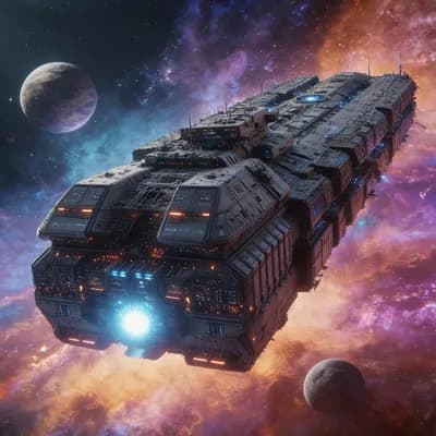 AI generated video: Create a cinematic sequence where the massive starship (Versel) is suspended in space, maintaining f...