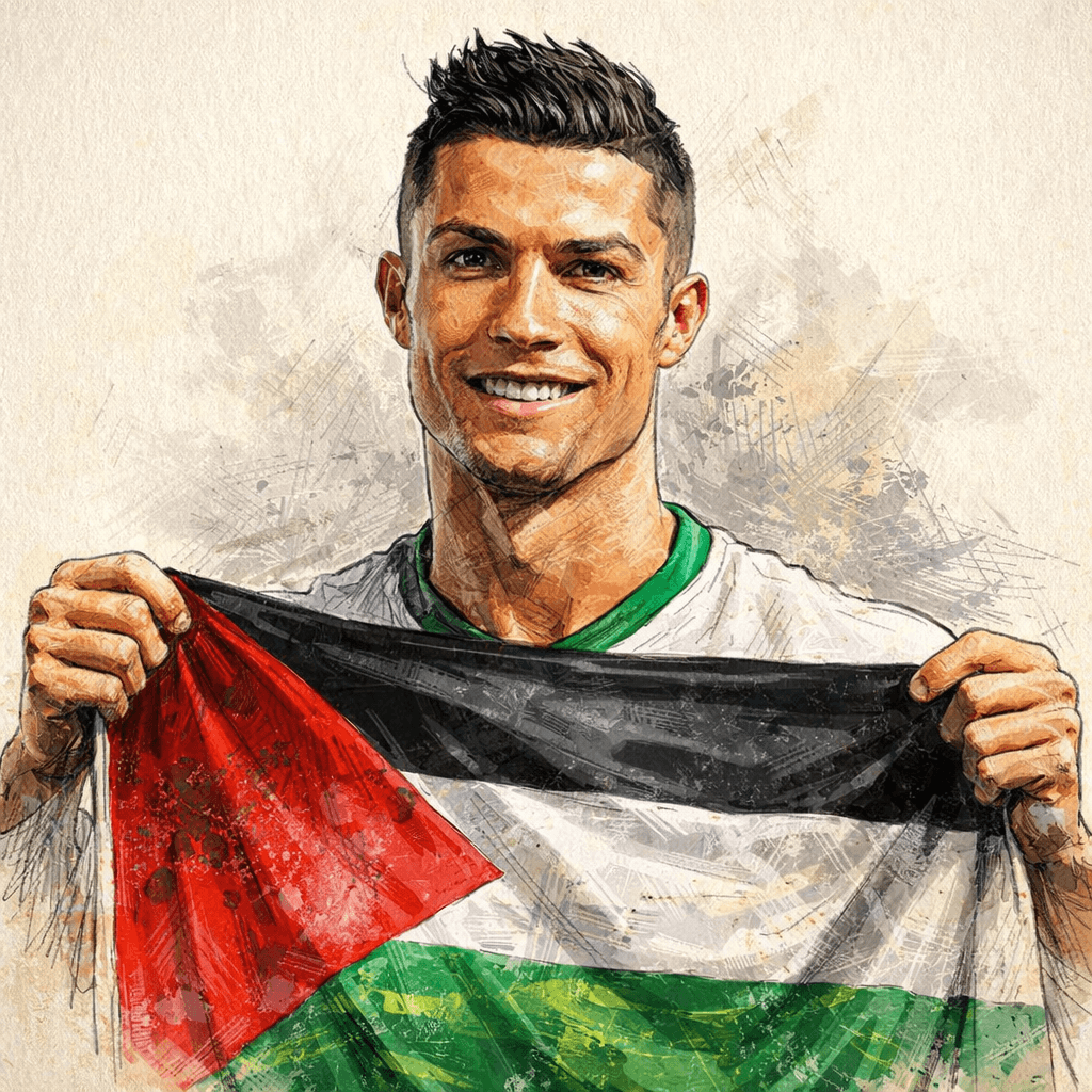 AI generated: make cristiano ronaldo with palestine flag with color sketch