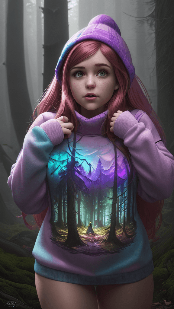 AI generated: (HDR1:1)Mabel Pines In favorite sweater, from Gravity Falls, captured in an epic photoart in the sty...