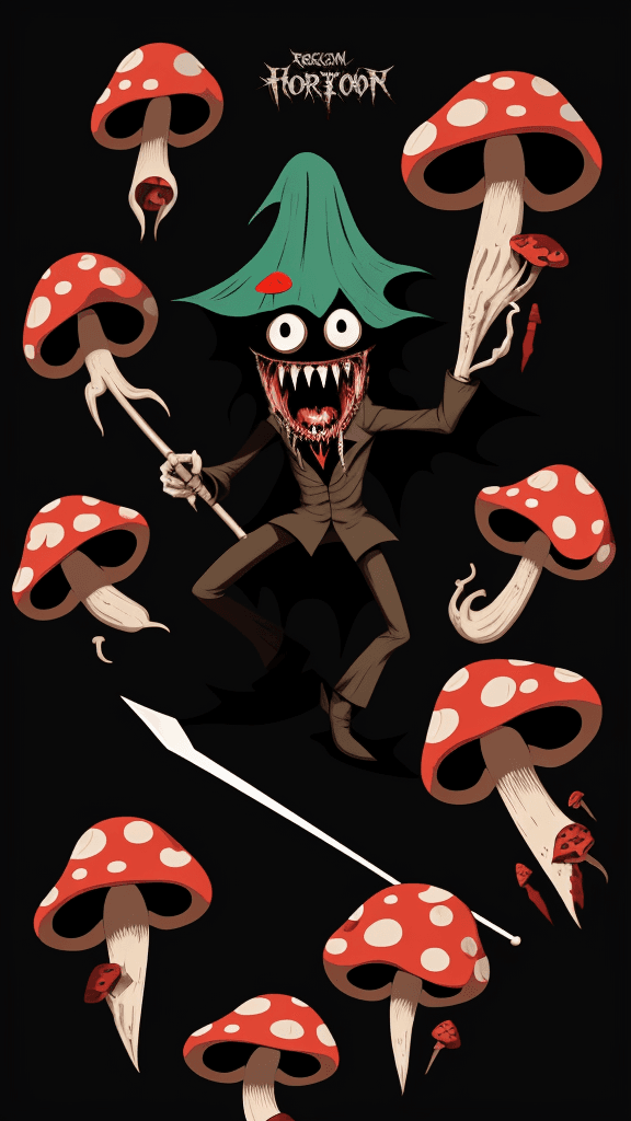 AI generated: vector horror art on the diverse background, a screaming crazy anthropomorphic evil mushroom with a ...