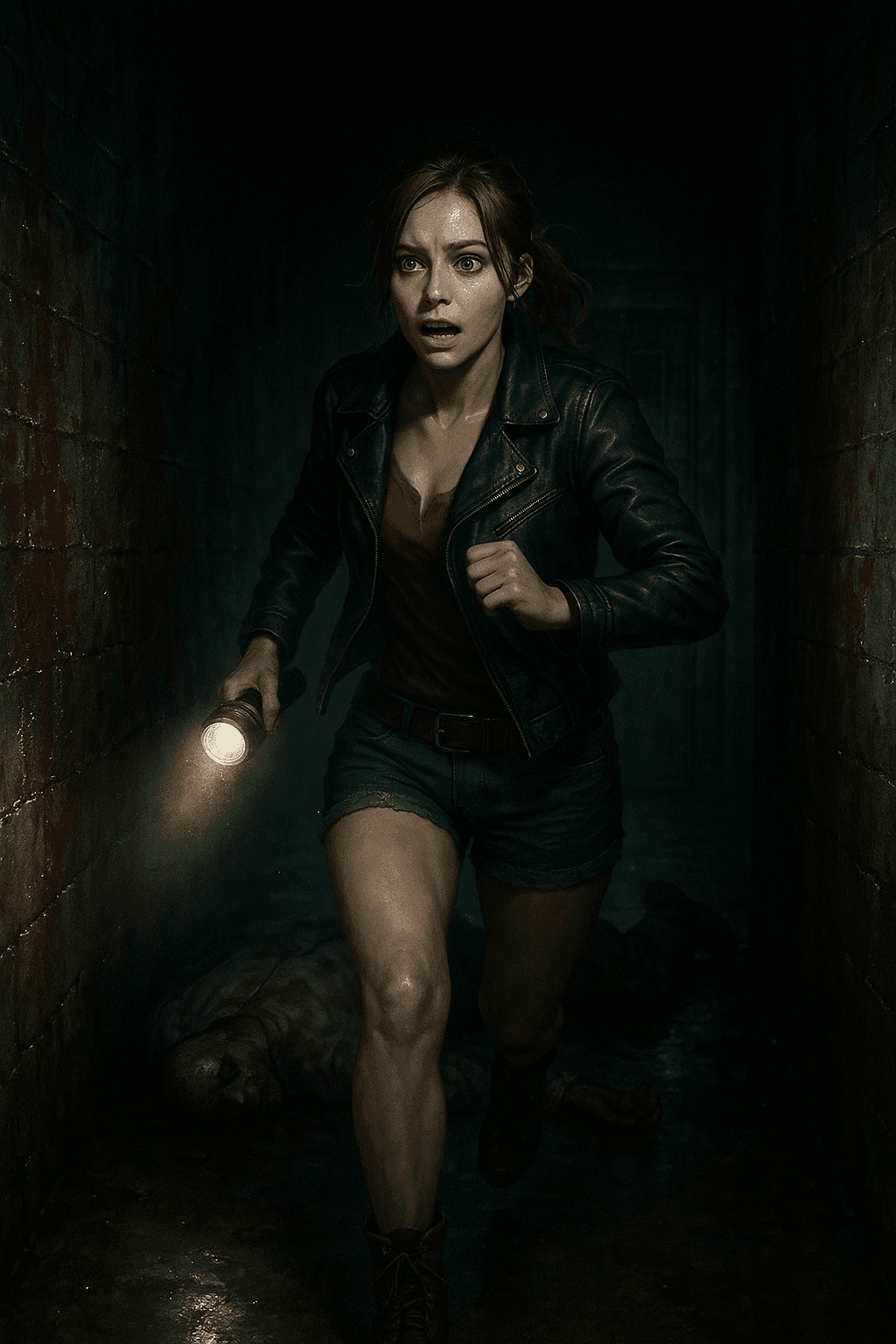 AI generated: A Resident evil 2 játék Claire Redfield sétál a kamerával szemben egy sötét folyosón zseblámpával a ...