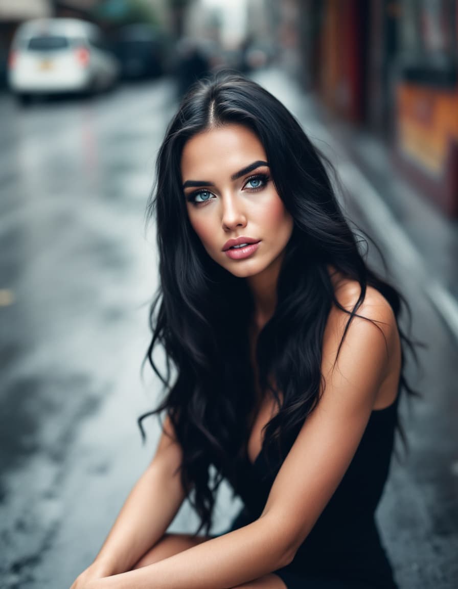 AI generated: A stunning woman with long, wavy black hair and piercing blue eyes sits confidently on a wet urban s...