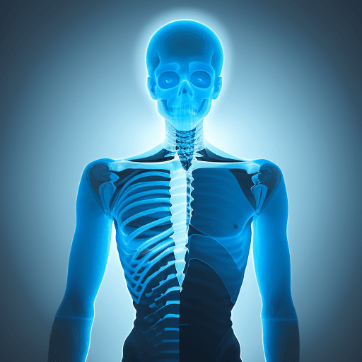 AI generated: digital art, man wearing a minimalist, white shirt, utilize X-ray effect to subtly display his skele...