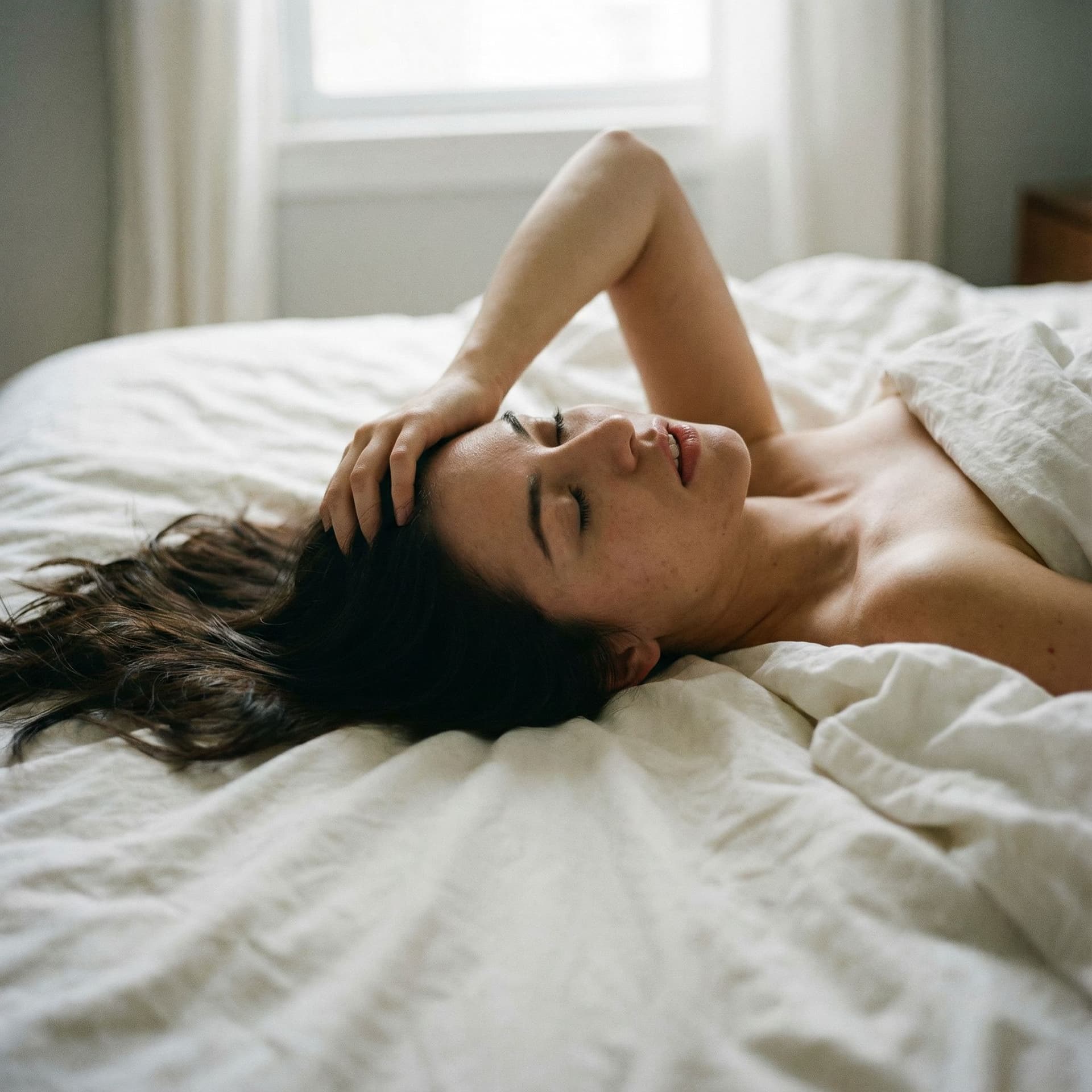 AI generated: photo realistic:2.0 masterpiece highest quality photograph realistic girl on bed mouth_open_moaning ...