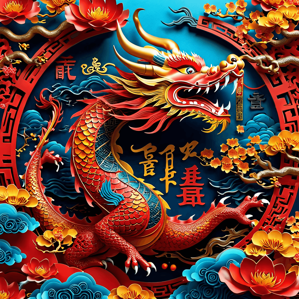 AI generated: realistic Lunar Year Cut Out Dragon intrinsic details and random patterns vibrant colors and smoke t...