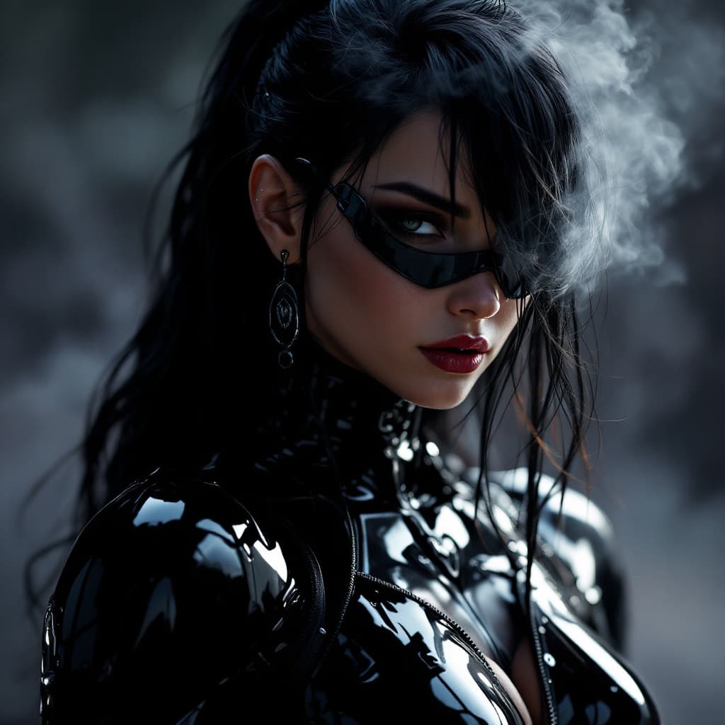 AI generated: https://s.mj.run/T7vLmyiTmxY as superhero in black latex outfit :: beautiful face, real skin, real f...