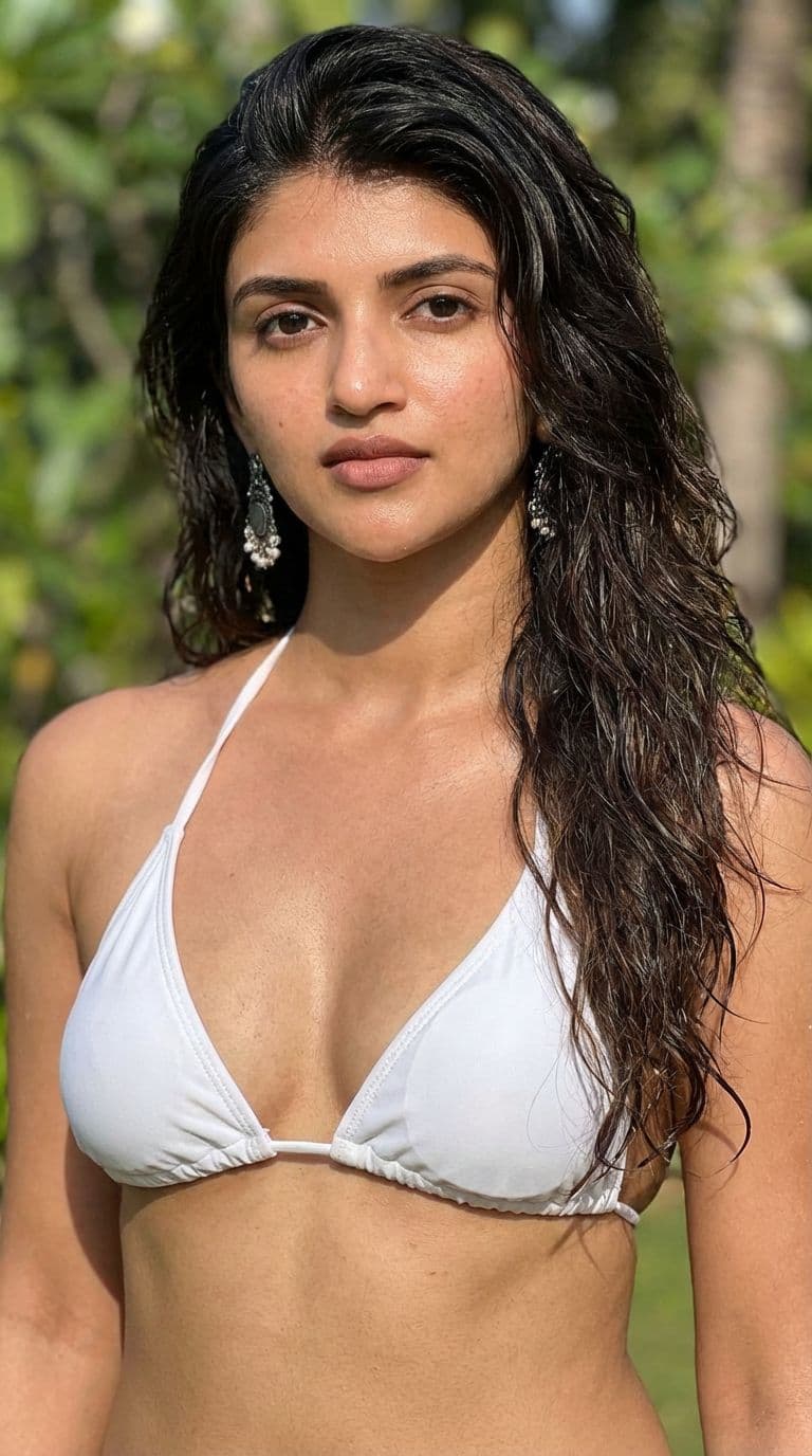 AI generated: Wearing a white bikini, small breasts with conical shape, correct anatomy, photorealistic, detailed ...