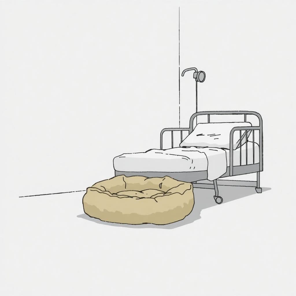 AI generated: Using a muted palette create a drawing of a ((small)) plush flat (empty) dog bed on the floor close ...