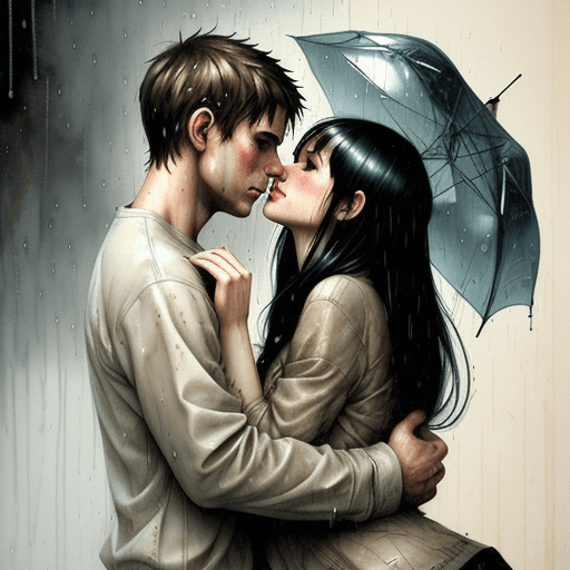 AI generated: We were so young, fully in love, rainy, nostalgic, brush strokes, muted colors, on textured canvas, ...