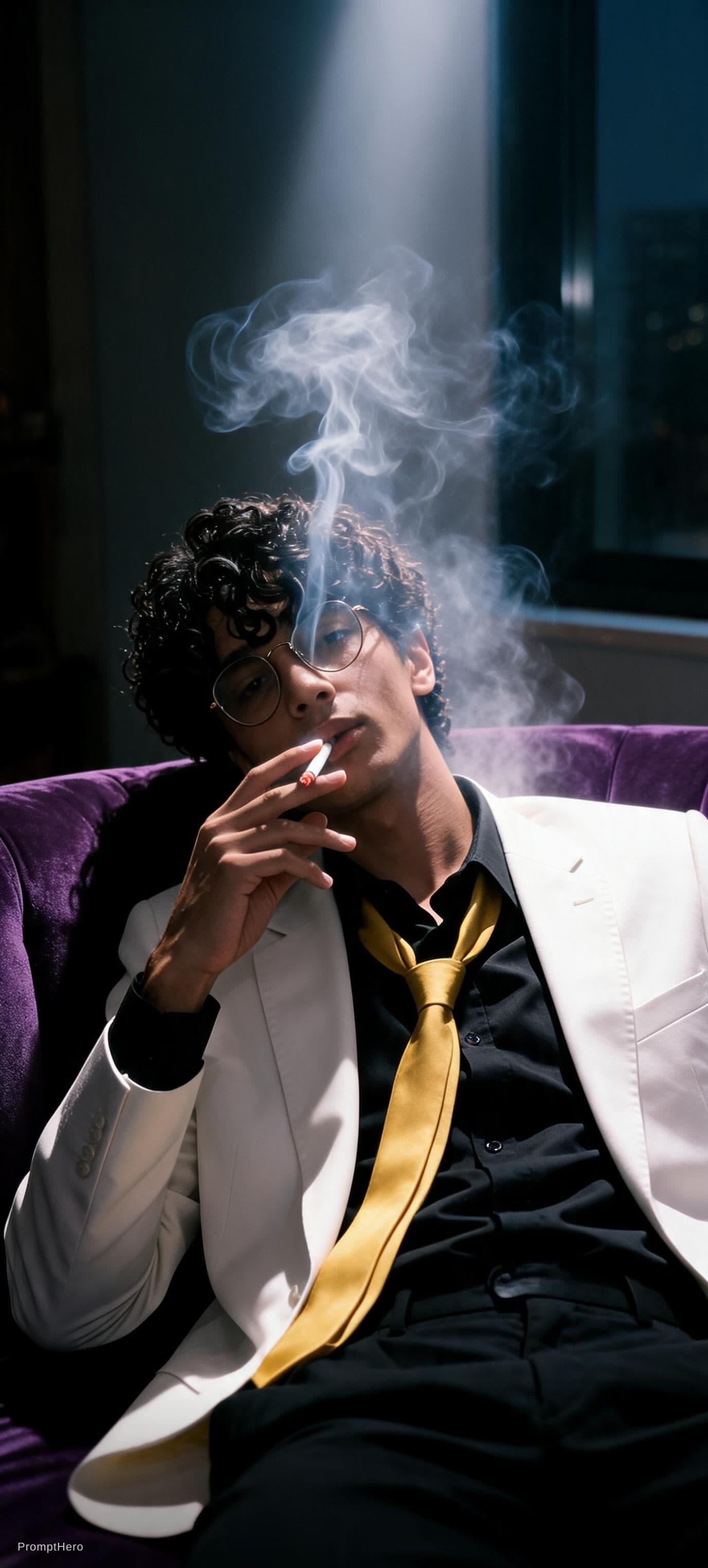 AI generated: snapshot, dimly lit room with a hazy atmosphere, capturing a male model lounging on a deep purple co...