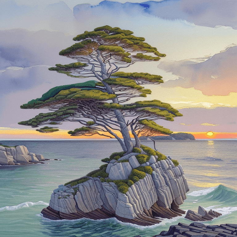AI generated: a painting of a tree sitting on top of a rock, a watercolor painting, inspired by Arthur Lismer, cg ...