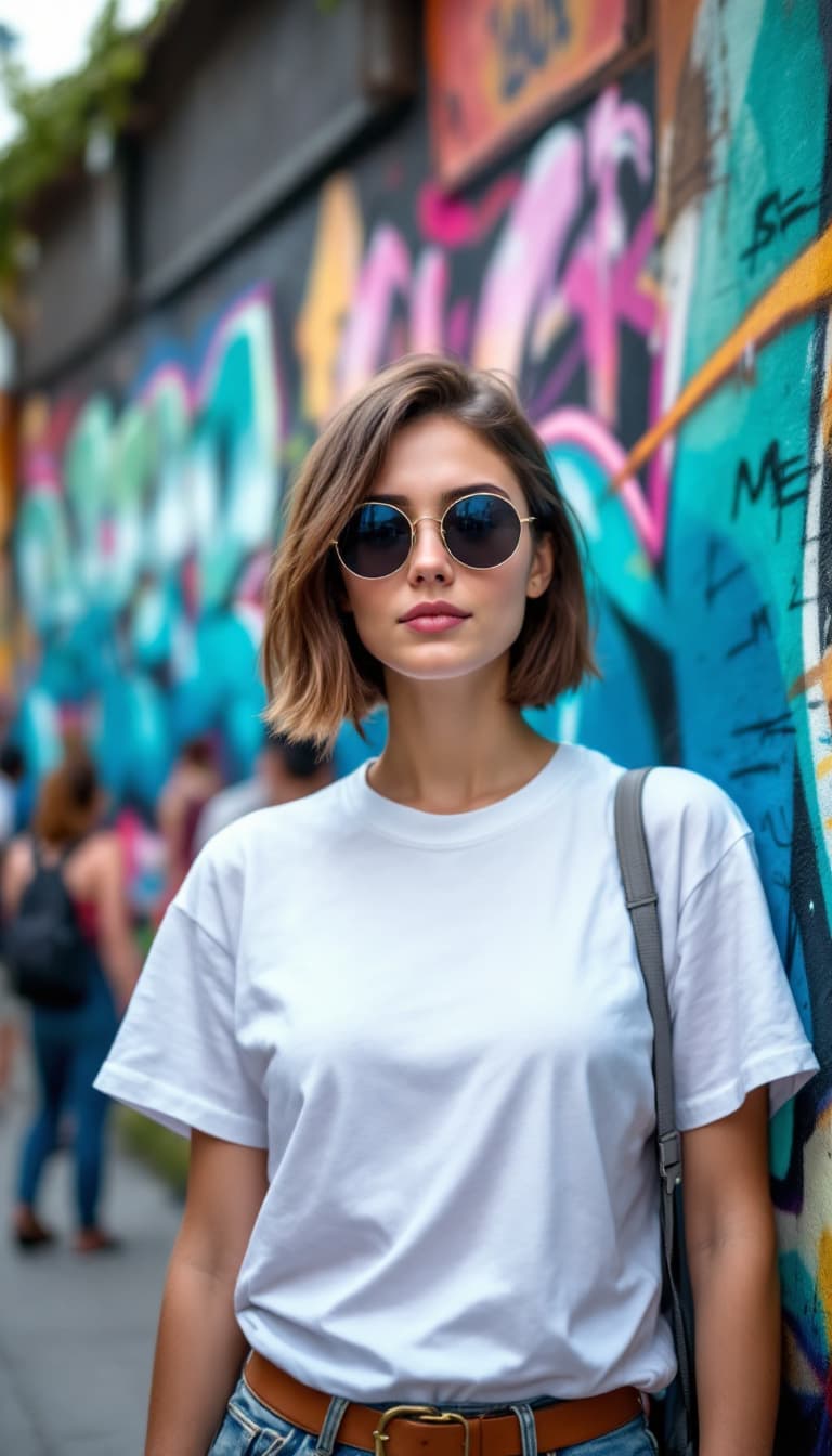 AI generated: A young Caucasian woman with short brown hair wearing sunglasses and a white t-shirt, standing in fr...