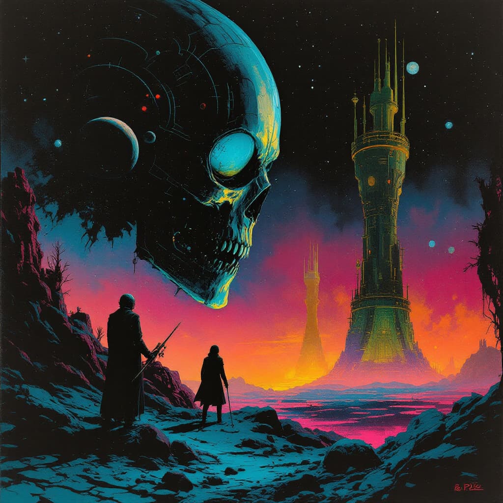 AI generated: retro dark vintage sci-fi : : 2D matte gouache book cover illustration : : deep space macabre sci-fi...