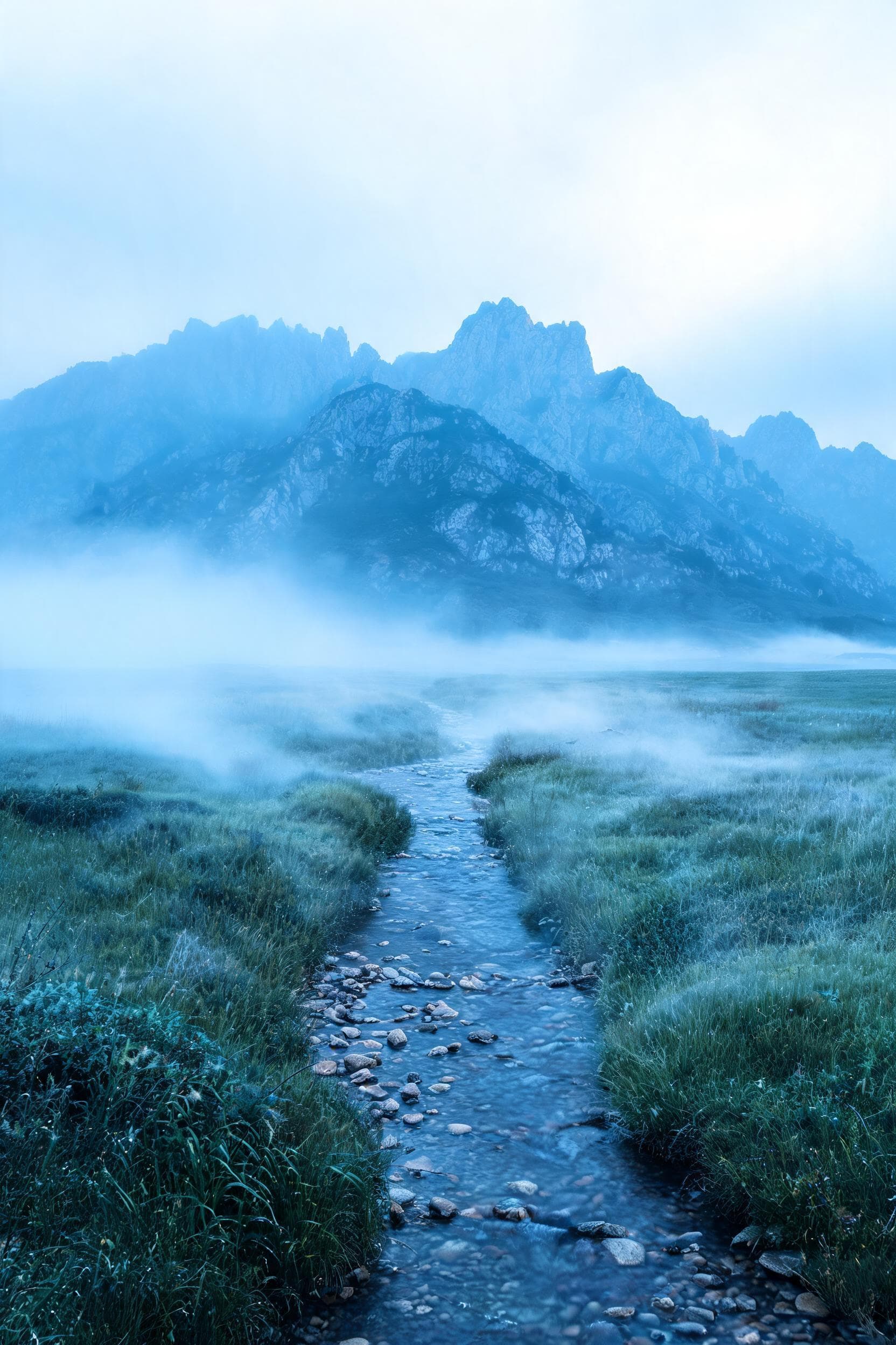 AI generated: a landscape showing powerful mountains in the far back, in front in an open field with a stream of w...