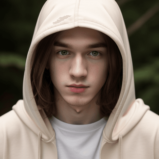 AI generated: A hooded young man with pale skin and hazel eyes