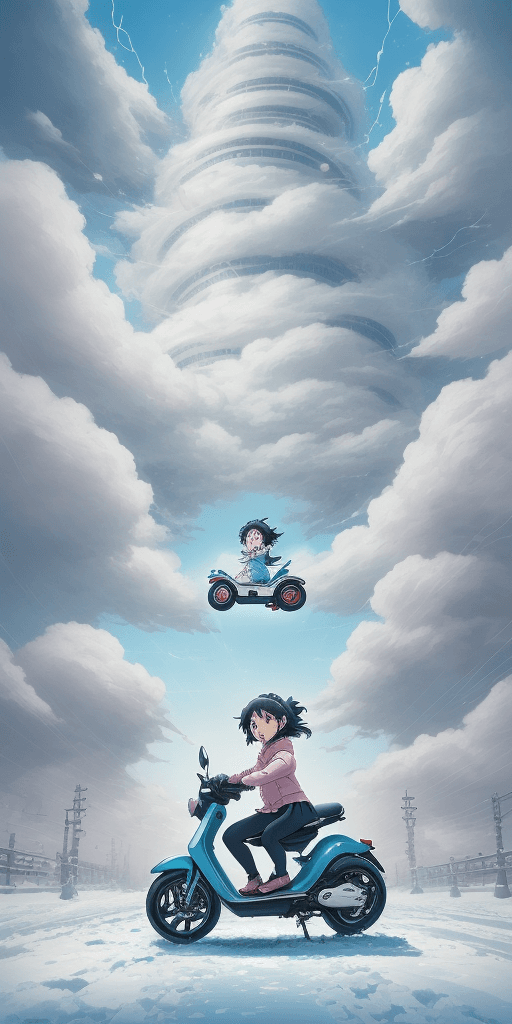 AI generated: The little girl riding an electric scooter/bike, in a beautiful anime scene by Hayao Miyazaki: a sno...