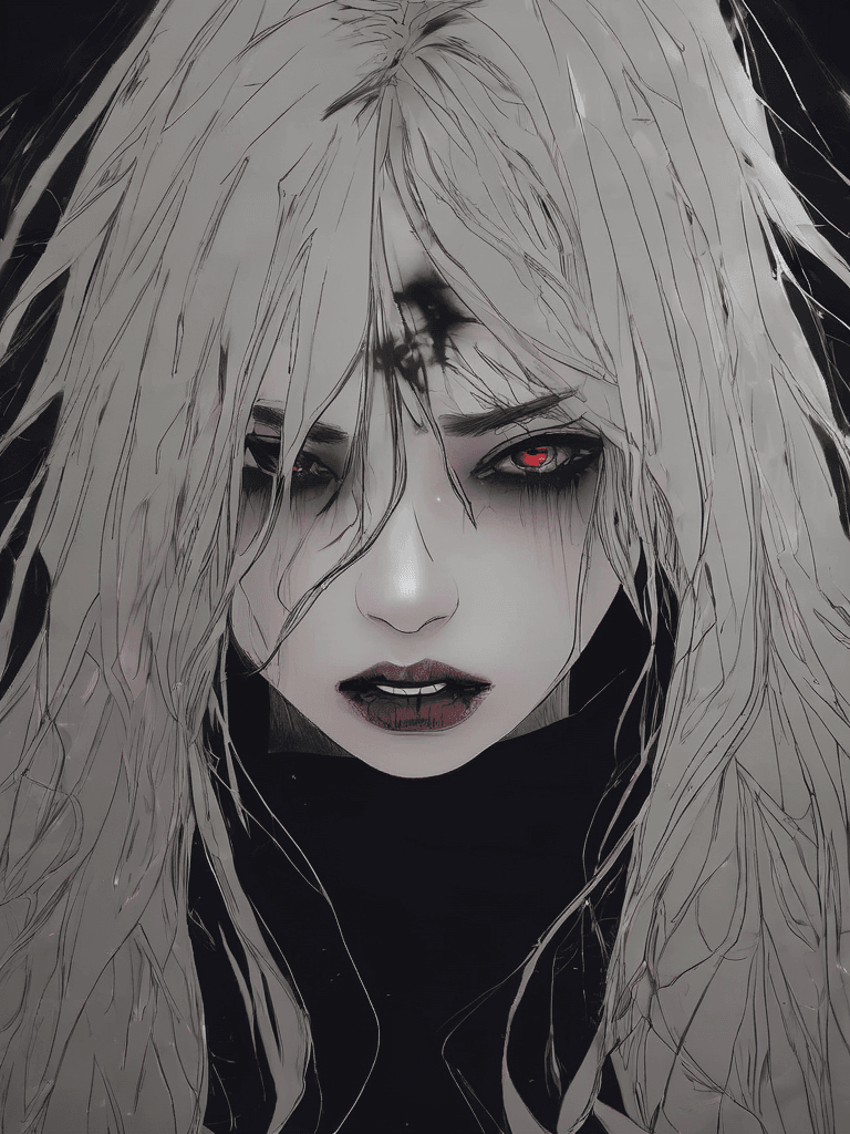 AI generated: in darkness, dark, a girl's face, demon eyes, long mess hair, disfigured, brutal composition, scary ...