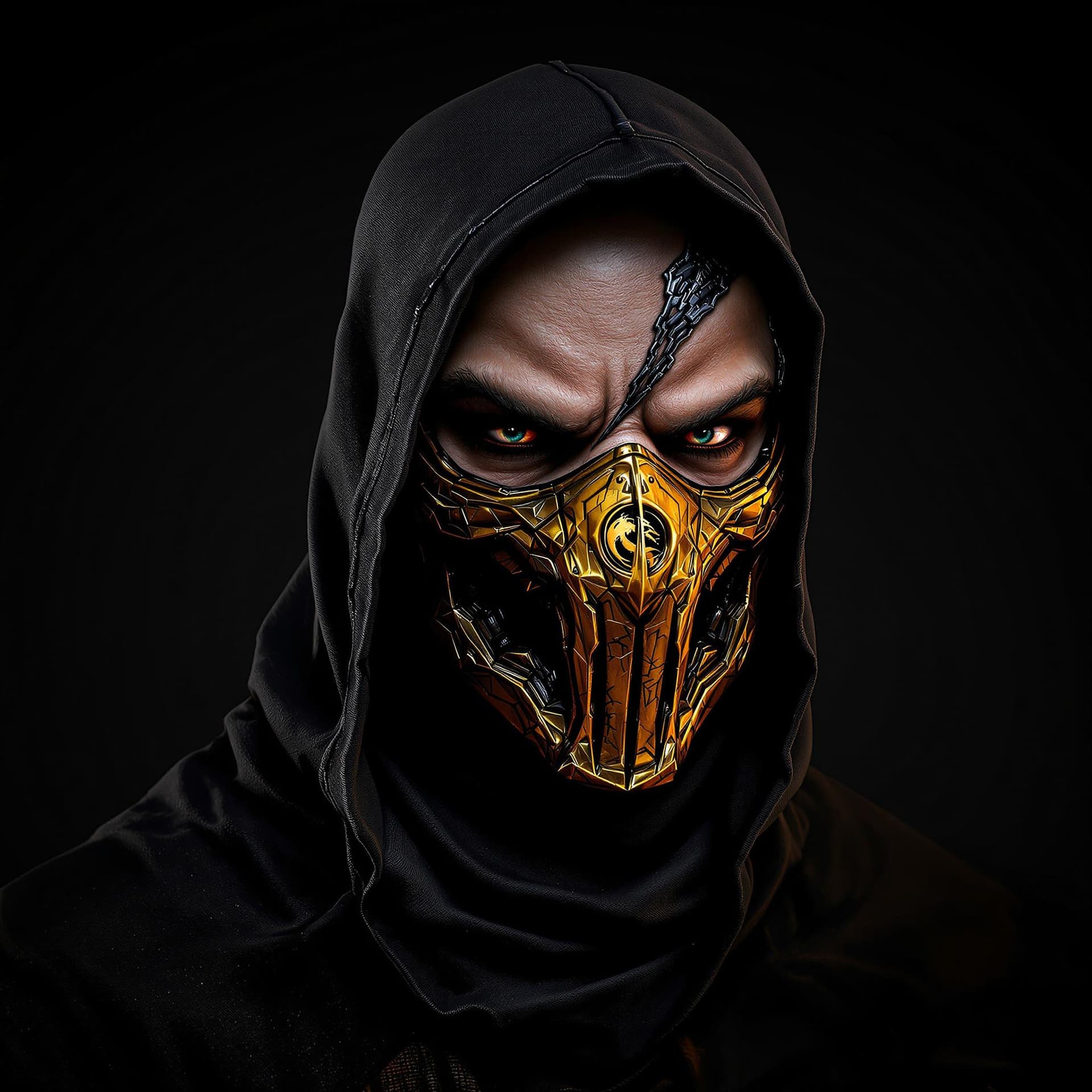AI generated: Mortal Kombat scorpion Karakterini Buz Mavisi renkte elbise giysin. maskesi altın sarısı yap. Kral t...
