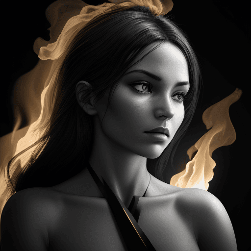 AI generated: a black and white photo of a woman with light and intense fire in the style of minimalist  light bro...