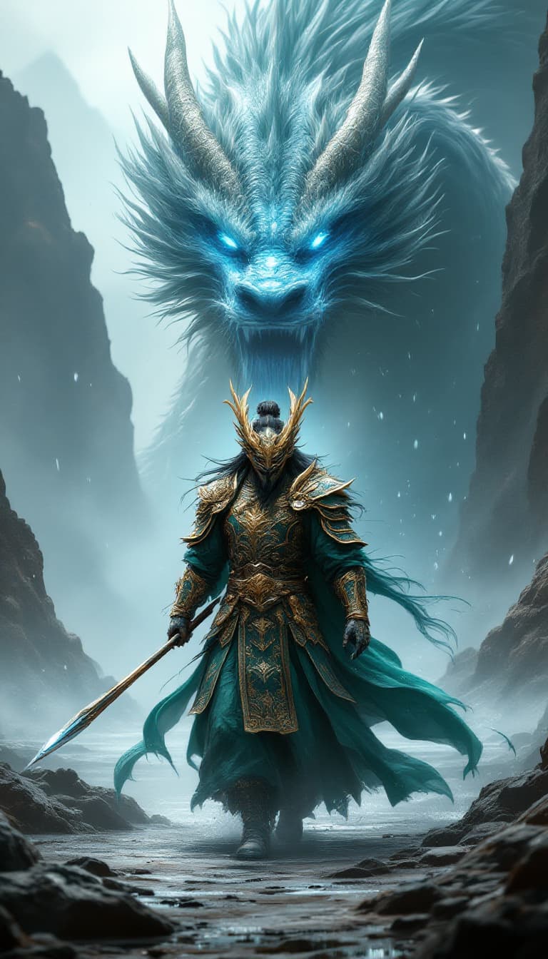 AI generated: An ultra-realistic, zoomed out full-body portrait of a formidable warrior holding a spear in his han...