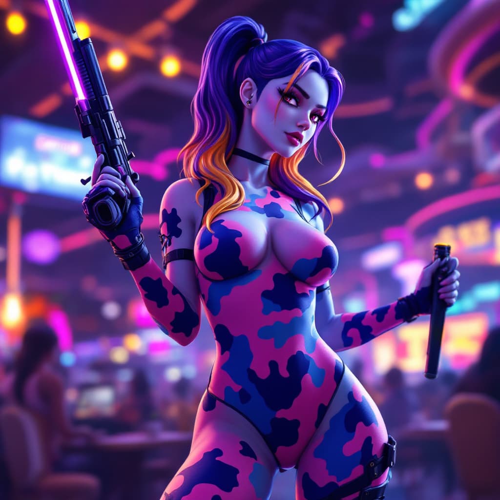 AI generated: Fortnite skin, fortnite battle royal, fortnite action scene, white skin girl wearing blue and pink c...