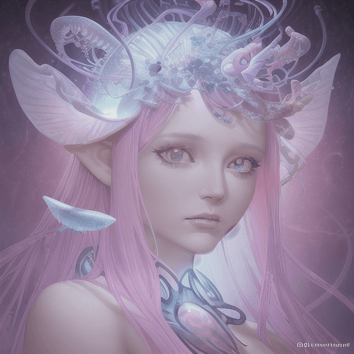 AI generated: Goddess close-up portrait ribcagel. jellyfish phoenix head, nautilus, orchid, skull, betta fish, bio...