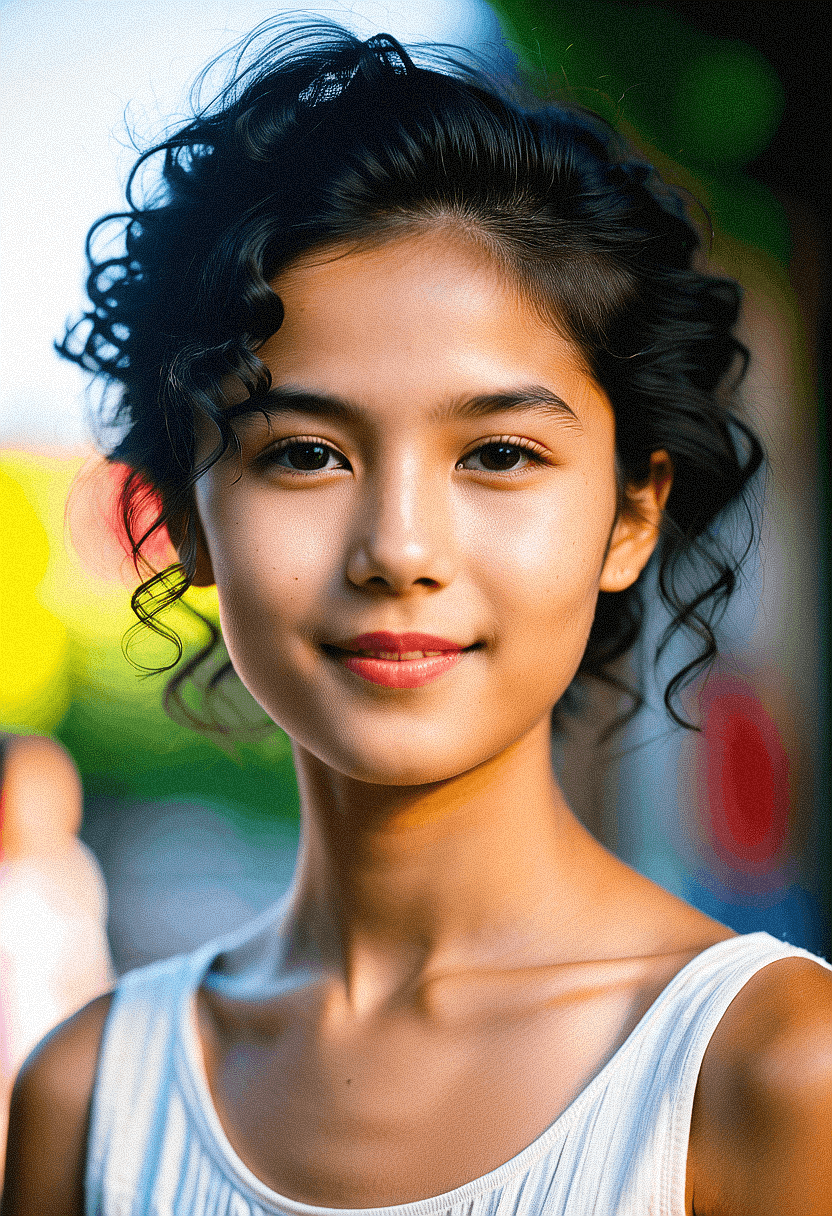 AI generated: (25:1. 3) year old (woman:1. 1) with (jet black:1. 2) hair in a (tousled waves:1. 1) look, (laughing...