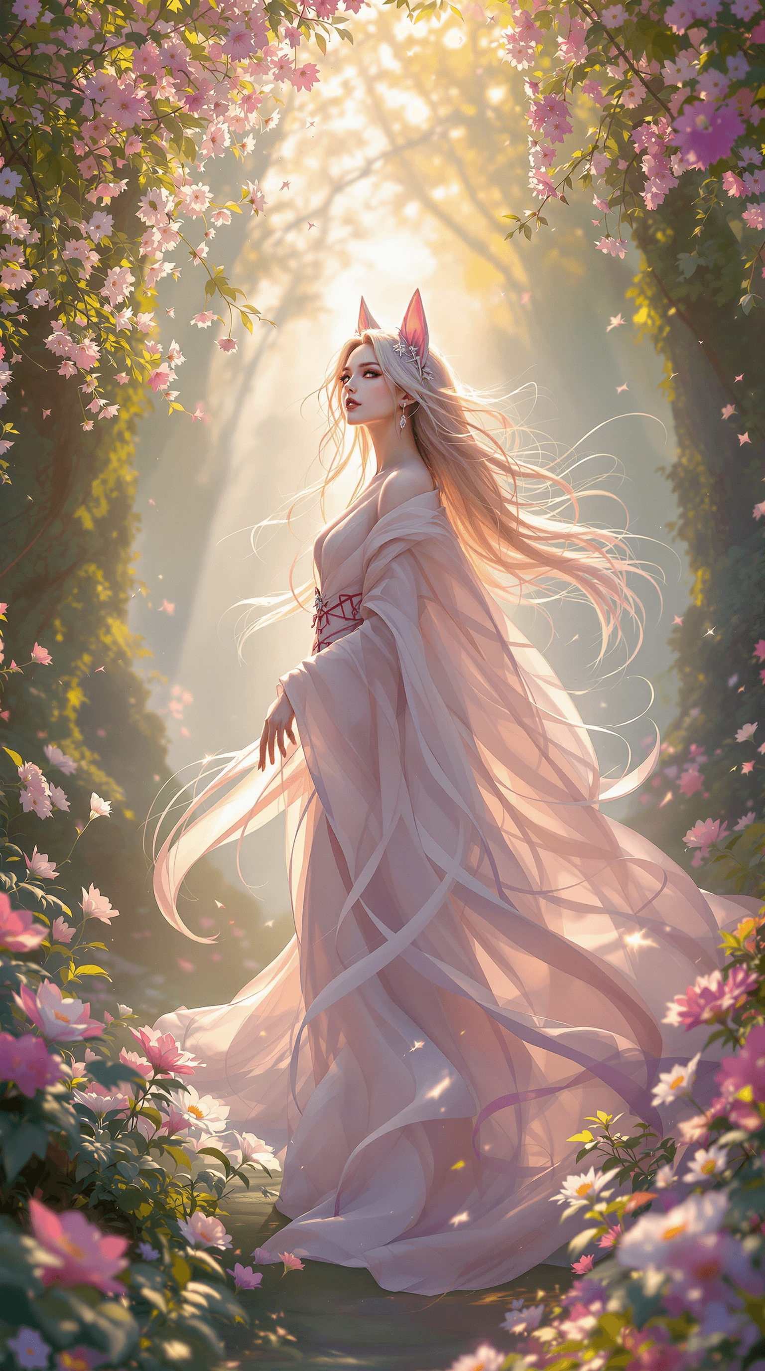 AI generated: A stunning, full-body portrait of Ahri wandering alone through a softly glowing, dreamlike environme...