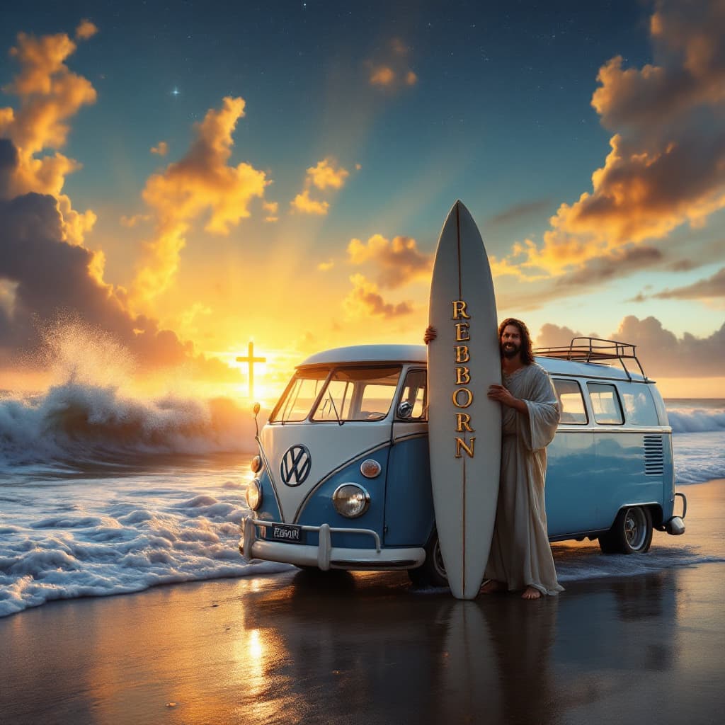 AI generated: An ultra realistic  ethereal gothic styled portrait view of a vw classic blue and white kombi bus on...