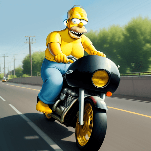 AI generated: Homer Simpson hopped on his motorcycle with an excited expression on his face. With a poorly adjuste...