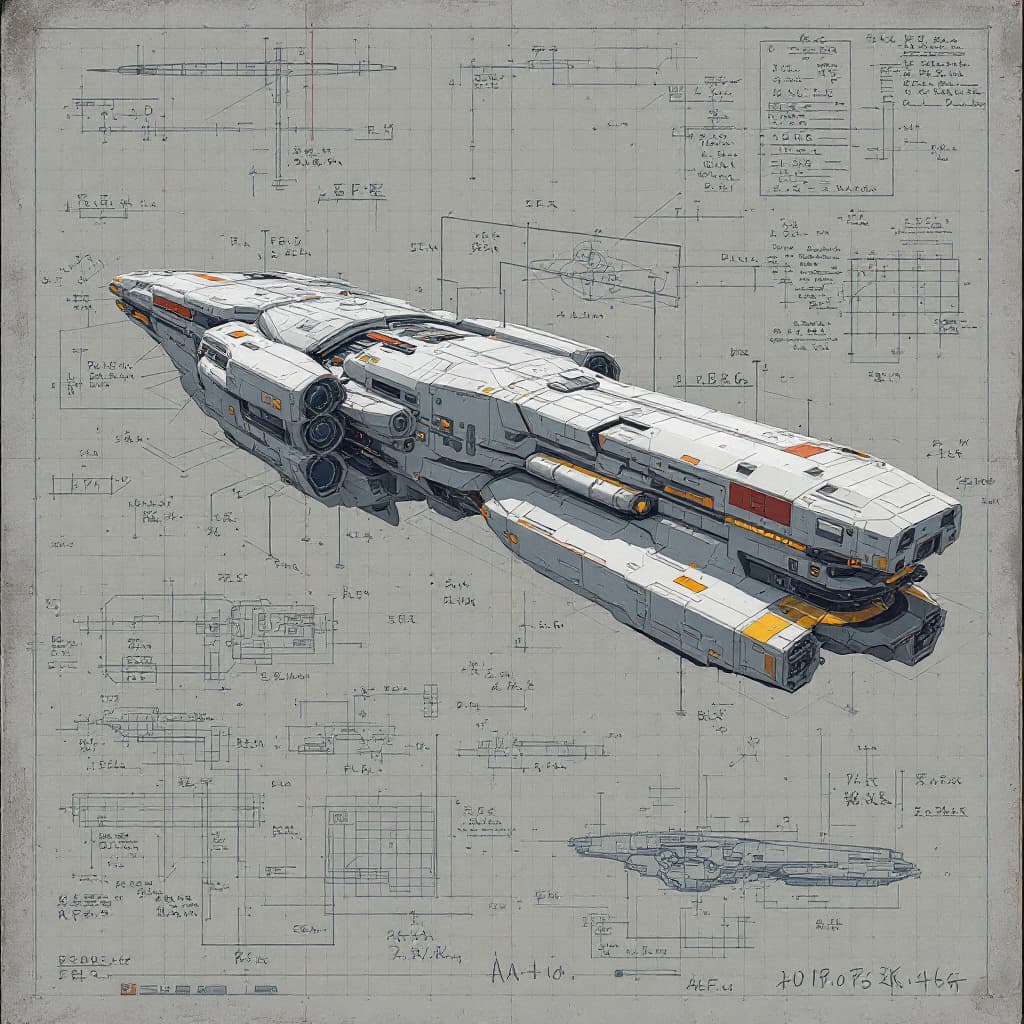 AI generated: sketches blueprint of futuristic sci-fi huge spacecraft, warp engines, formulas and annotations, sch...