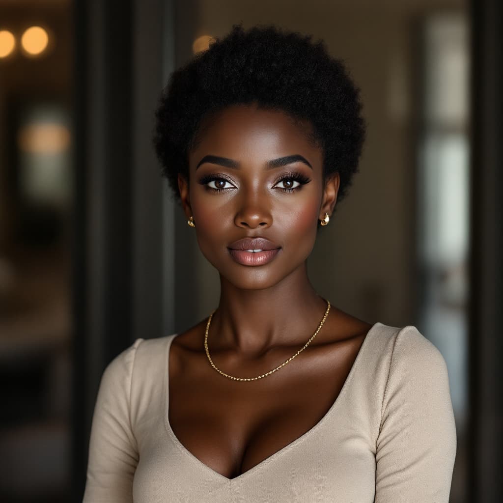 AI generated: A 28-year-old African-American woman with deep chocolate skin and short natural afro, wearing a fitt...