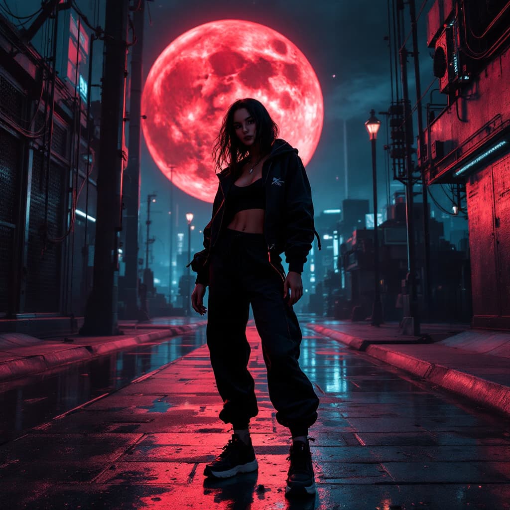AI generated: Femme en jogging noir stylé, haut court à coupe futuriste, ambiance cyberpunk urbaine, éclairage net...