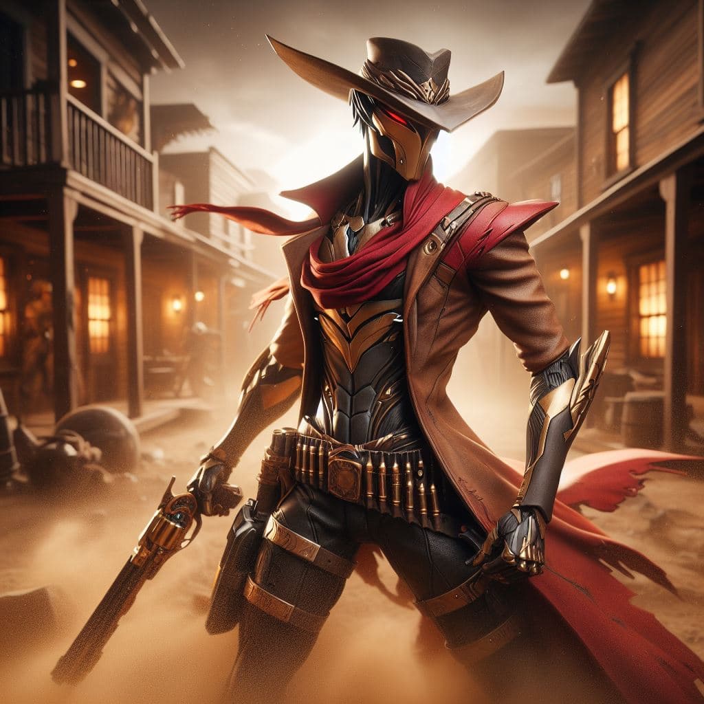 AI generated: Capture High Noon Jhin in a hyper-realistic photograph set amidst a dusty and desolate Wild West tow...