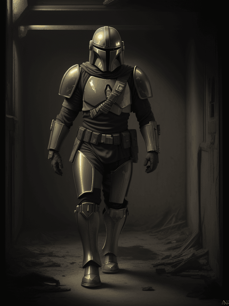 AI generated: A haunting scene of a mandalorian with a golden armor| golden armor(glowing eyes:1.2)| Staggering th...