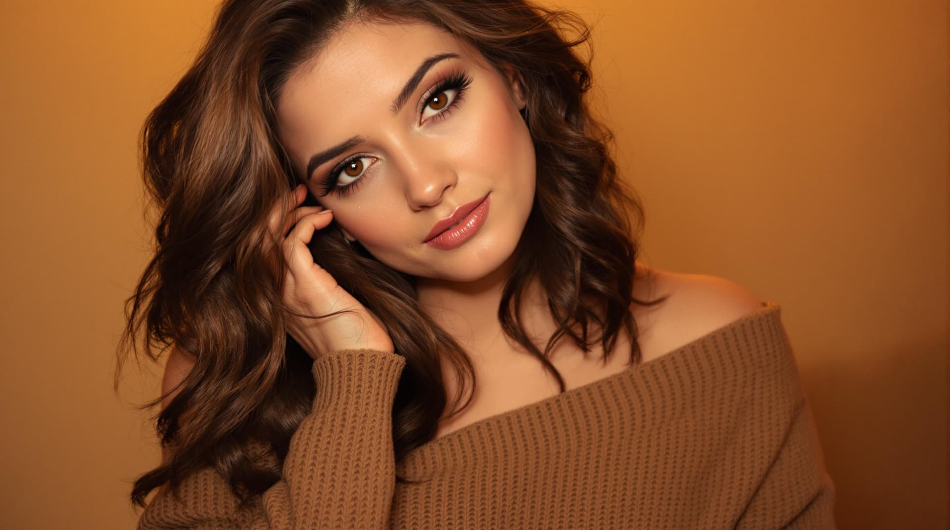 AI generated: A woman with wavy dark brown hair, wearing an off-shoulder oversized brown knit sweater. She gazes s...